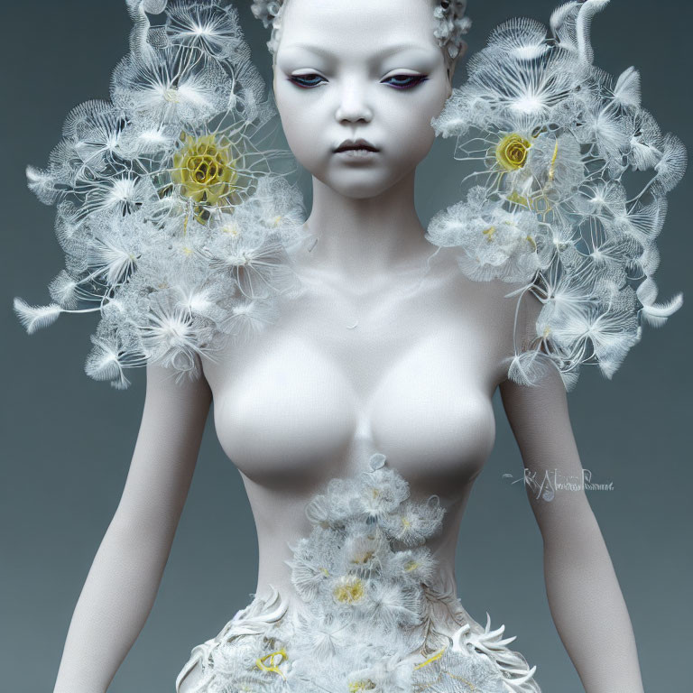 Pale otherworldly figure with dandelion-like adornments and violet eyes.