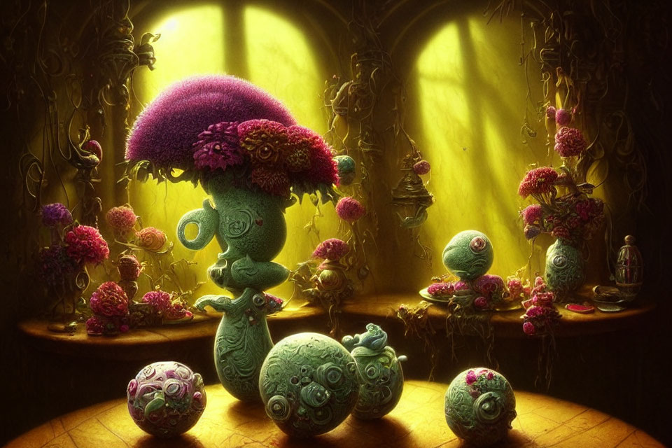 Whimsical room with fungi creatures, purple flowers, ornate metalwork, and golden glow