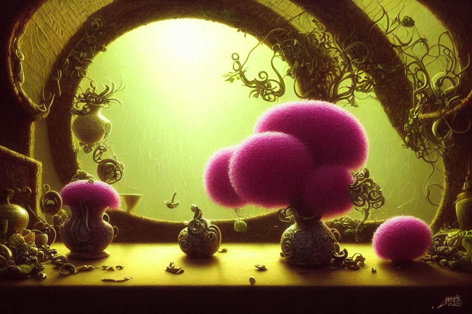 Fantastical room with oversized purple fungi and swirling plant patterns