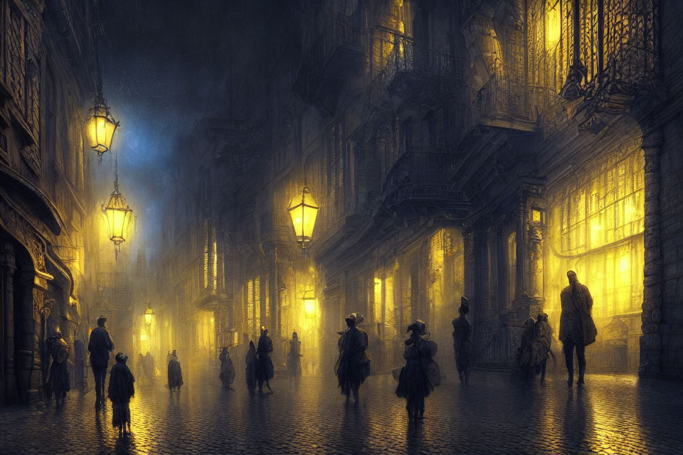 Historical cobblestone street at night with period-dressed people and glowing street lamps