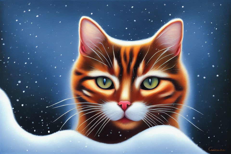 Illustration of orange tabby cat with green eyes in snowy scene