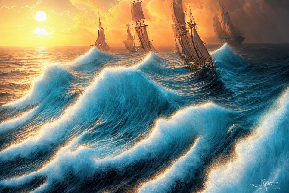 Sailing ships on tumultuous ocean waves at sunset