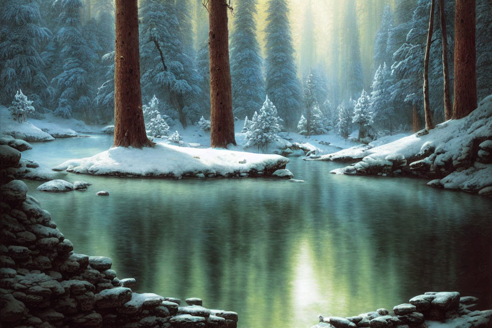 Tranquil Snow-Covered Forest and River Scene