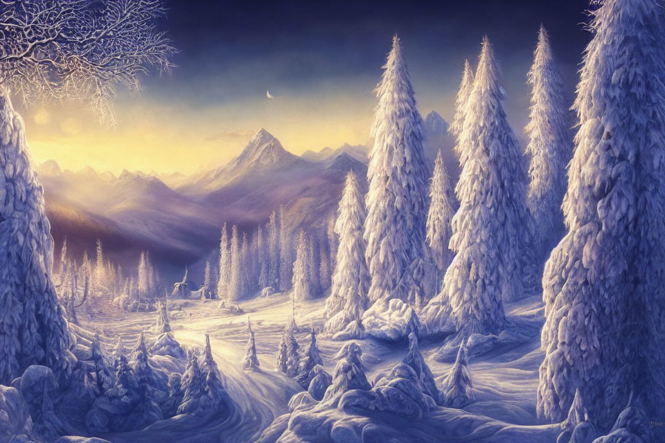 Snow-covered trees in serene winter landscape with mountain backdrop at sunrise.