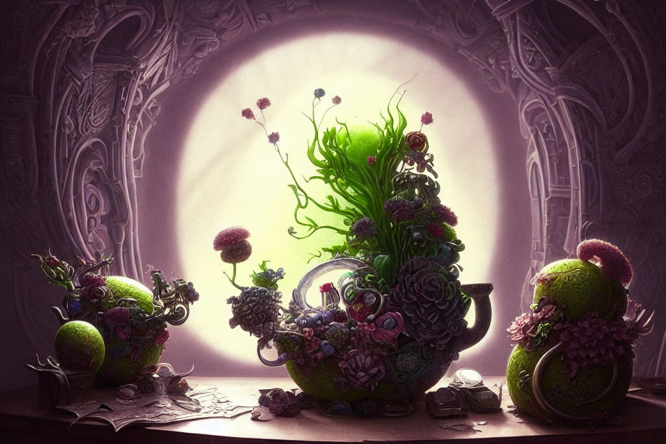 Lush Green Plant Arrangements in Fantasy Still-Life Scene