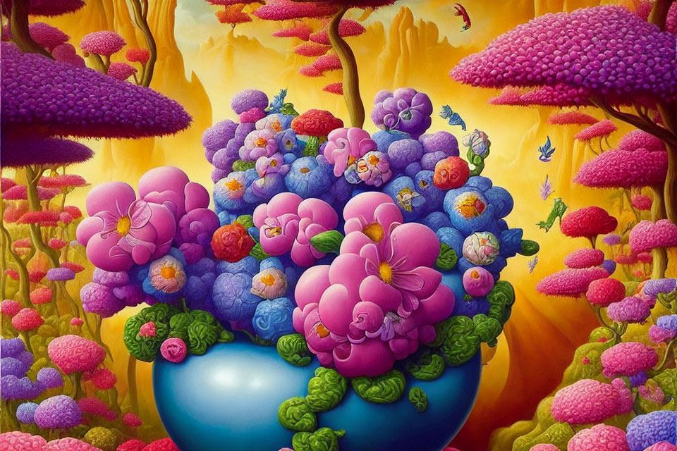 Colorful surreal landscape with vibrant balloon-like flowers against golden sky