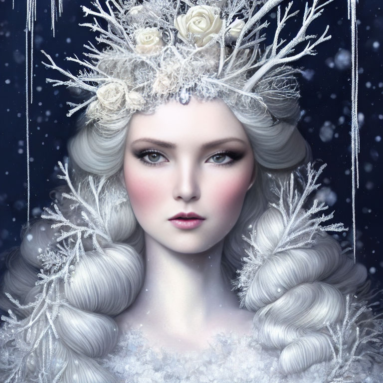 Fantasy portrait of woman with icy theme, white floral crown, frosted hair, snowflakes