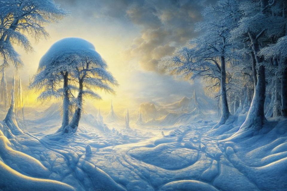 Snow-covered trees and undulating snowdrifts in serene winter landscape