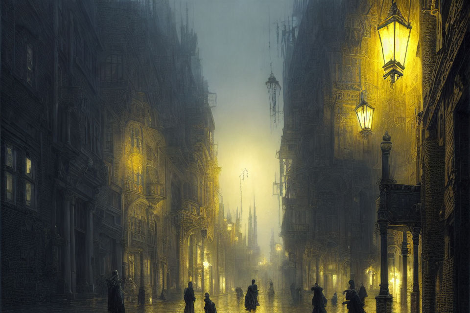 Foggy Night Street Scene with Gothic Buildings and Silhouetted Figures