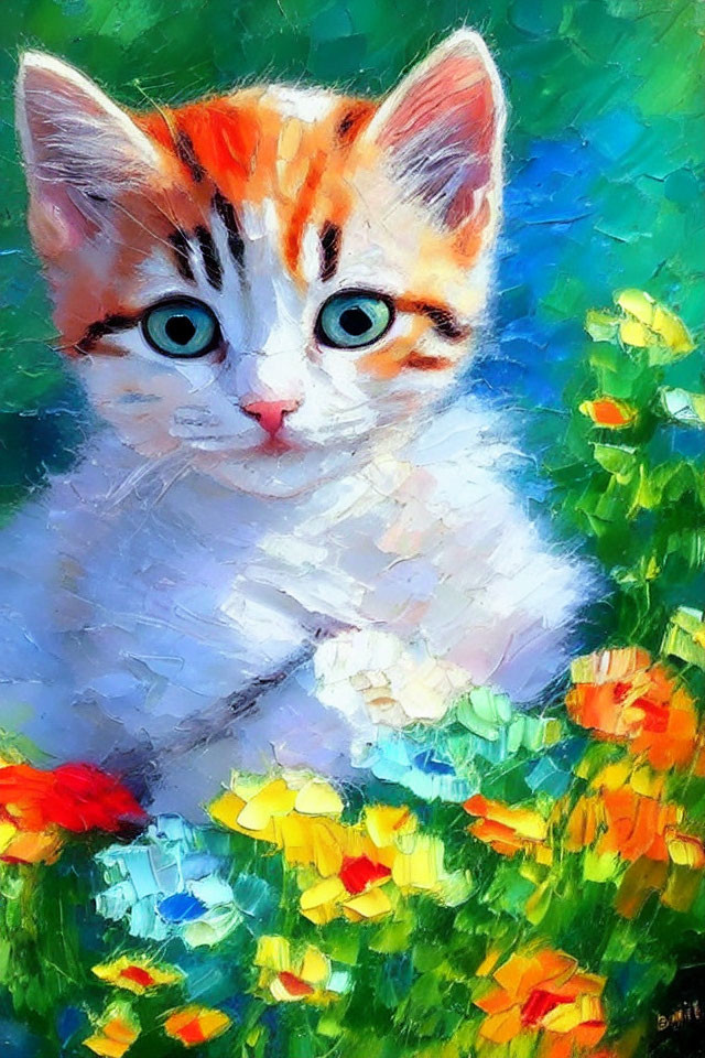 Vibrant painting of a kitten with blue eyes in a floral setting