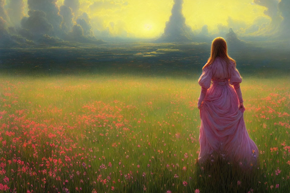 Woman in Pink Dress Surrounded by Pink Flowers at Sunrise