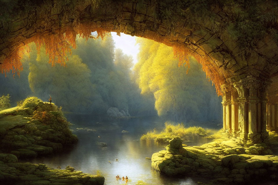 Ancient stone arch over river with ducks and ruins in golden light