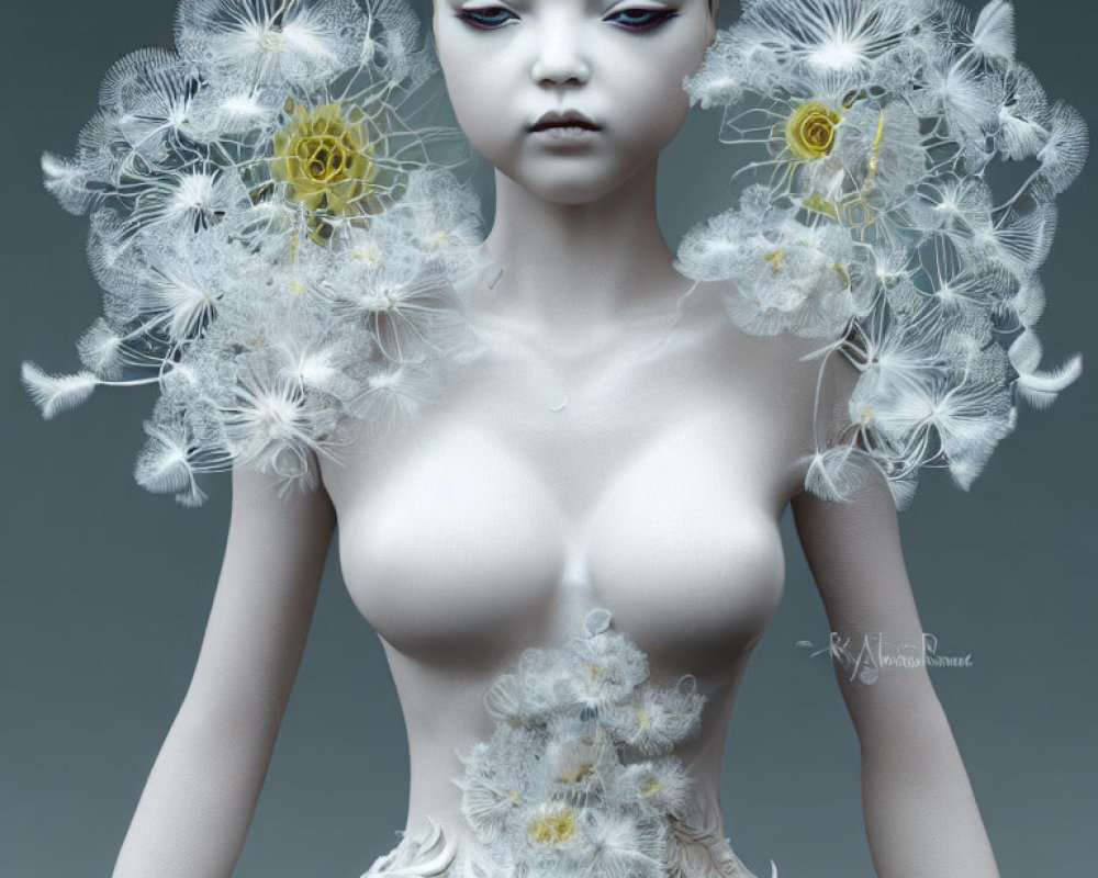 Pale otherworldly figure with dandelion-like adornments and violet eyes.