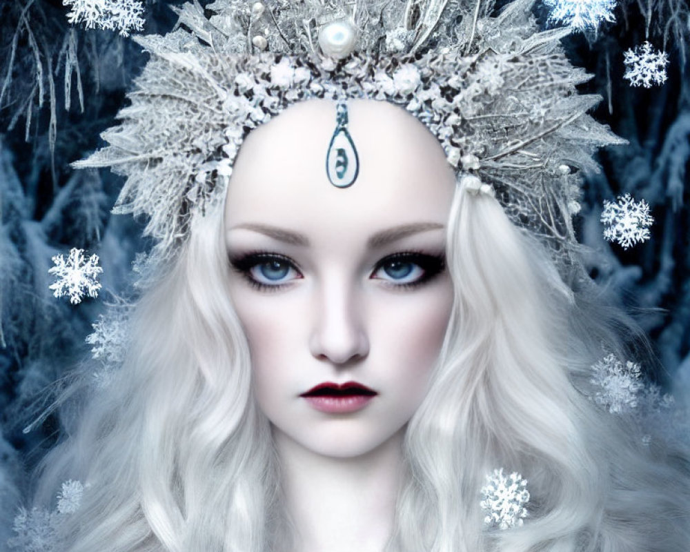 Pale woman with blue eyes and platinum hair in winter-themed attire