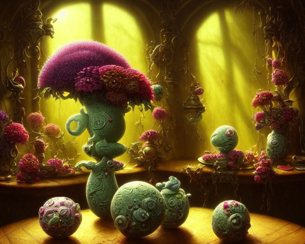 Whimsical room with fungi creatures, purple flowers, ornate metalwork, and golden glow