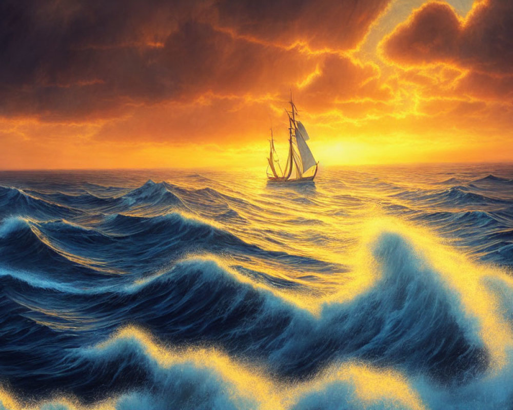 Sailboat in turbulent seas under dramatic sunset with orange and gold clouds