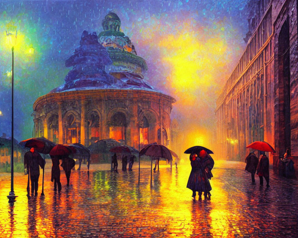 Night scene of rain-soaked street with umbrellas and classical architecture