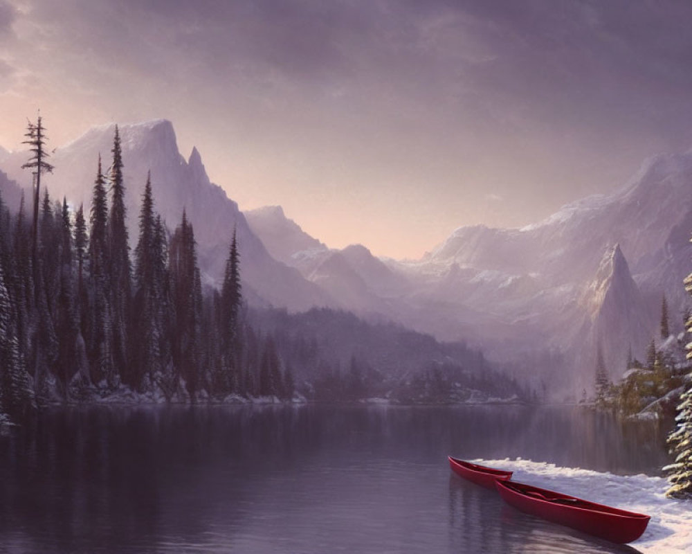 Tranquil landscape with red canoe by snowy mountains