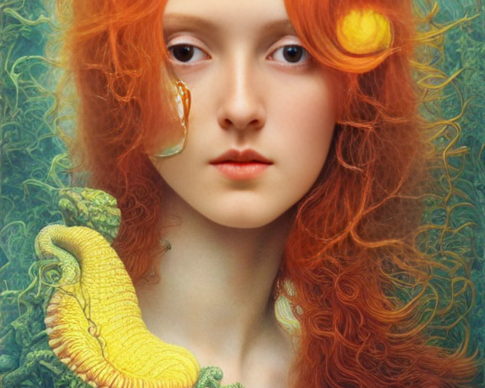 Vibrant red hair in surreal portrait with yellow sea creature