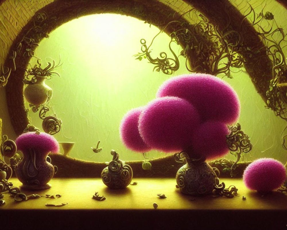 Fantastical room with oversized purple fungi and swirling plant patterns