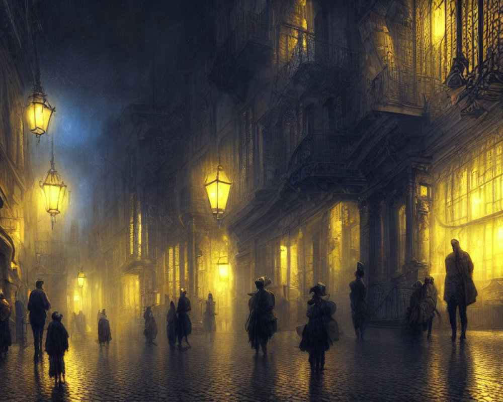 Historical cobblestone street at night with period-dressed people and glowing street lamps