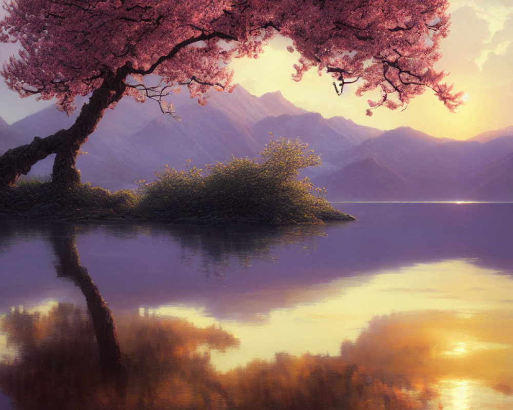 Tranquil landscape with pink blossoming tree by calm lake