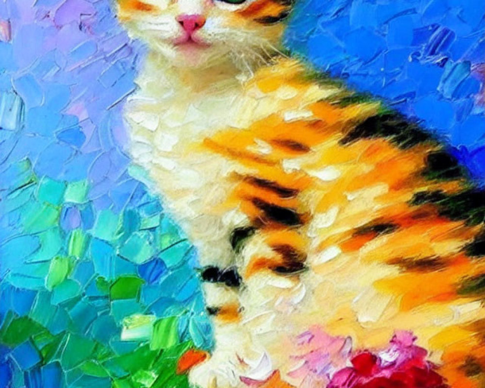 Vibrant painting of wide-eyed kitten with orange stripes and pink flowers