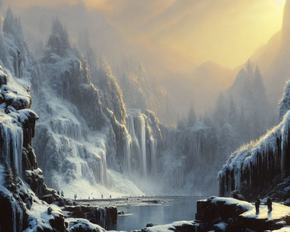 Frozen Landscape with Icy Waterfalls and Snow-Covered Cliffs