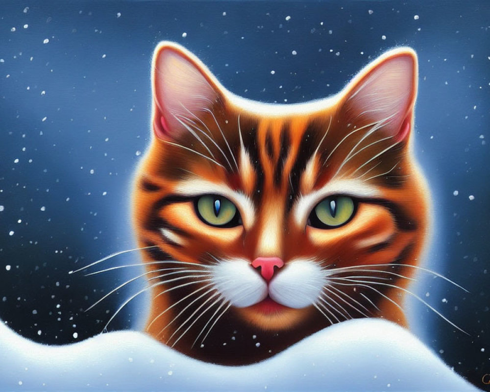 Illustration of orange tabby cat with green eyes in snowy scene