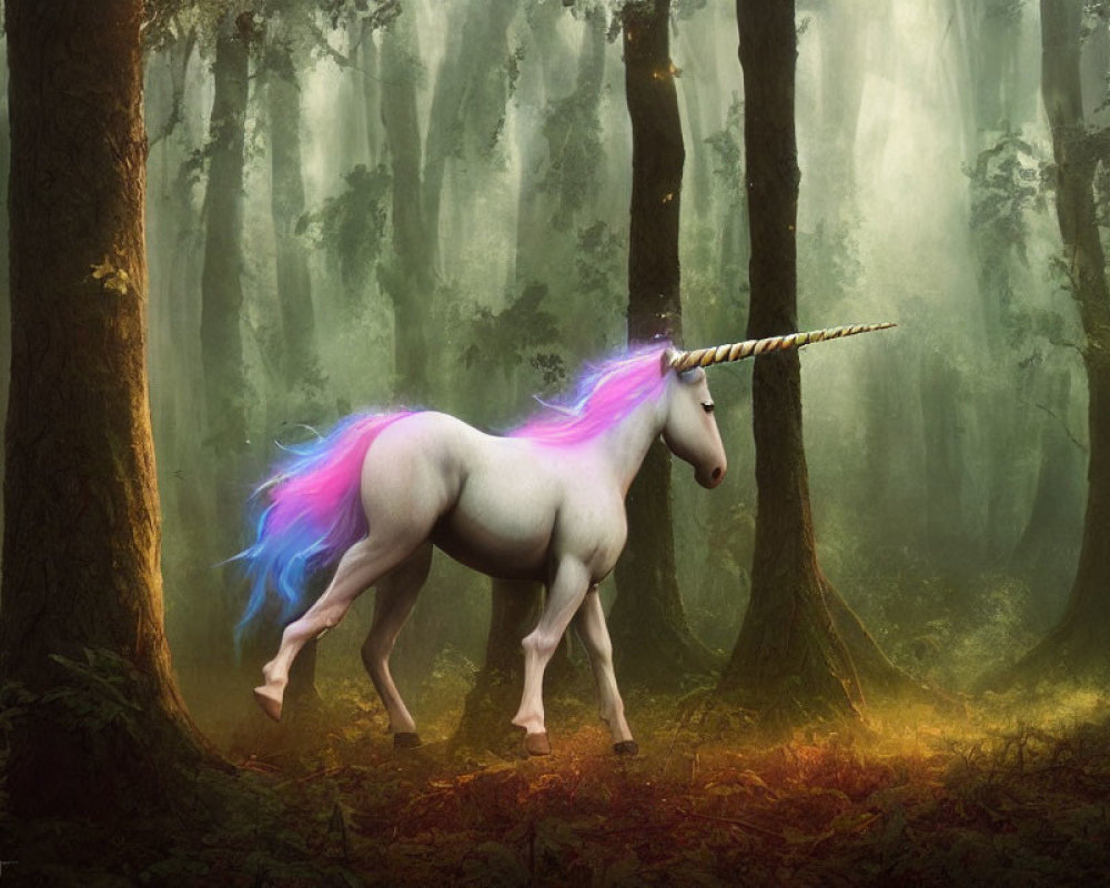 Multicolored Maned Unicorn in Mystical Forest