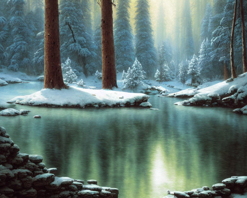 Tranquil Snow-Covered Forest and River Scene