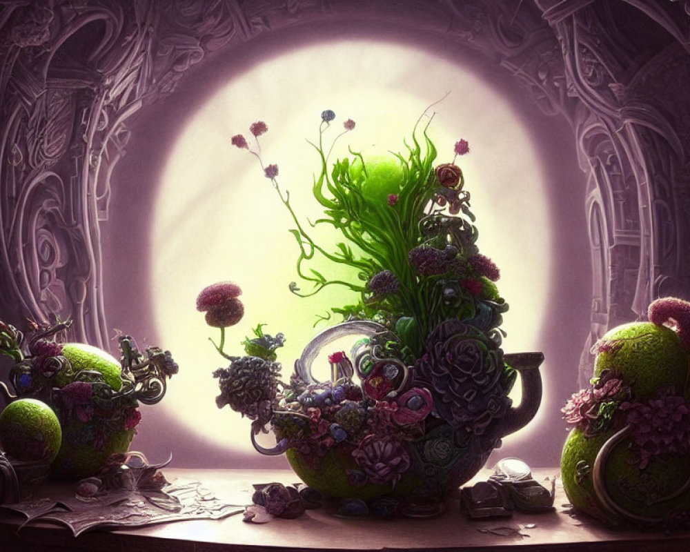 Lush Green Plant Arrangements in Fantasy Still-Life Scene