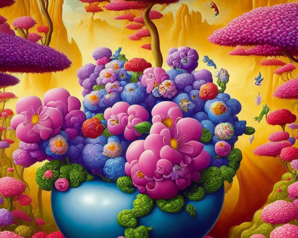 Colorful surreal landscape with vibrant balloon-like flowers against golden sky