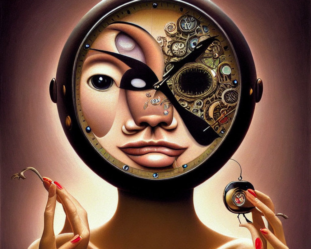 Surreal portrait of woman with mechanical half face and pocket watch in circular frame