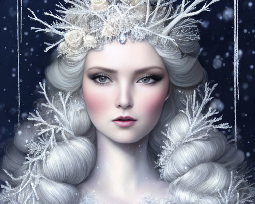 Fantasy portrait of woman with icy theme, white floral crown, frosted hair, snowflakes