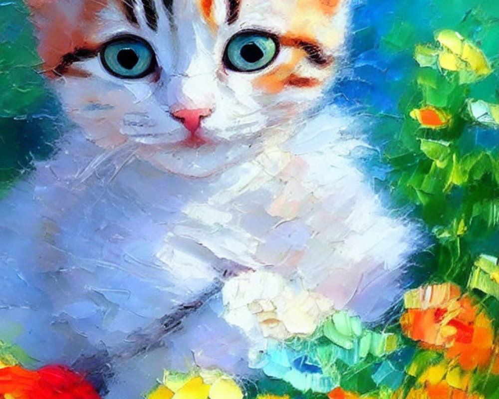 Vibrant painting of a kitten with blue eyes in a floral setting