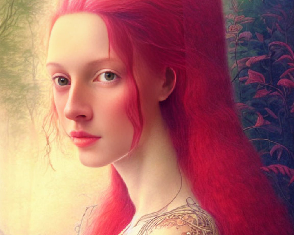 Digital painting of person with long red hair in mystical forest setting