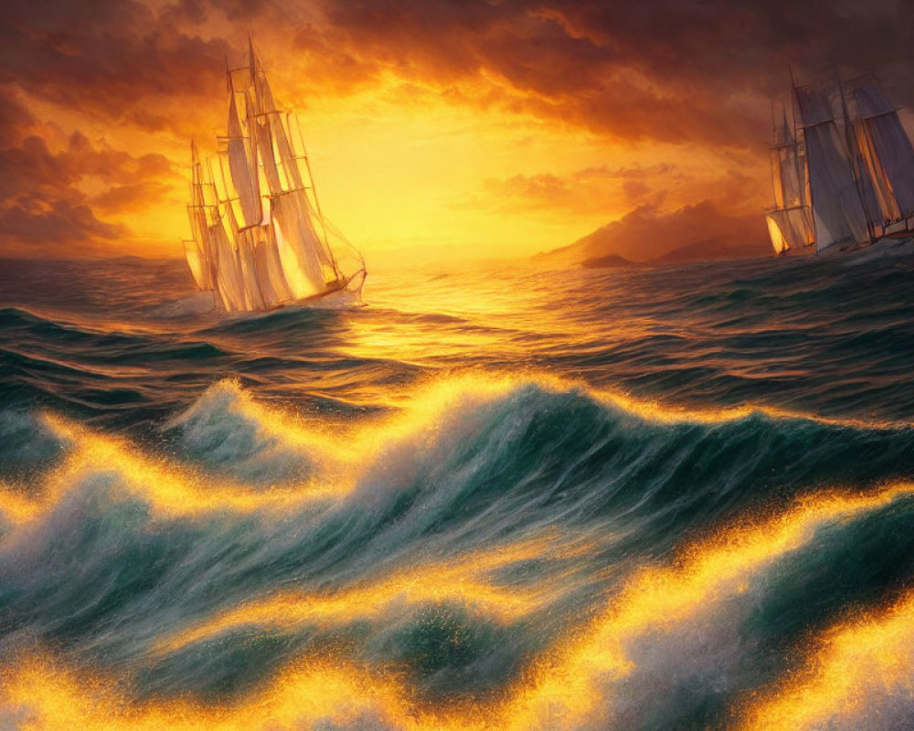 Sailing ships in turbulent seas with golden sunset and dark clouds