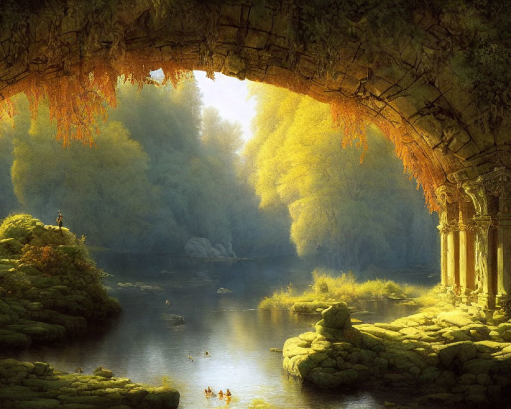 Ancient stone arch over river with ducks and ruins in golden light