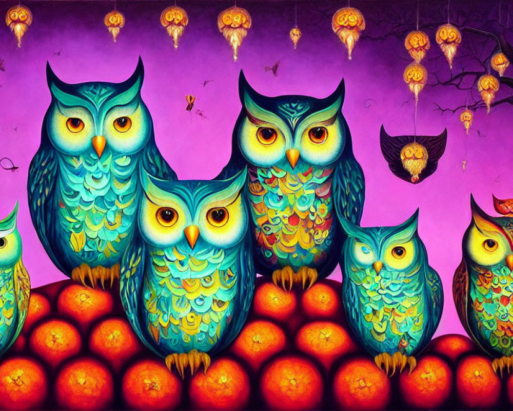 Colorful Stylized Owls Perched on Oranges in Whimsical Illustration