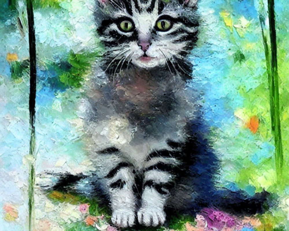 Black and white kitten against colorful abstract background