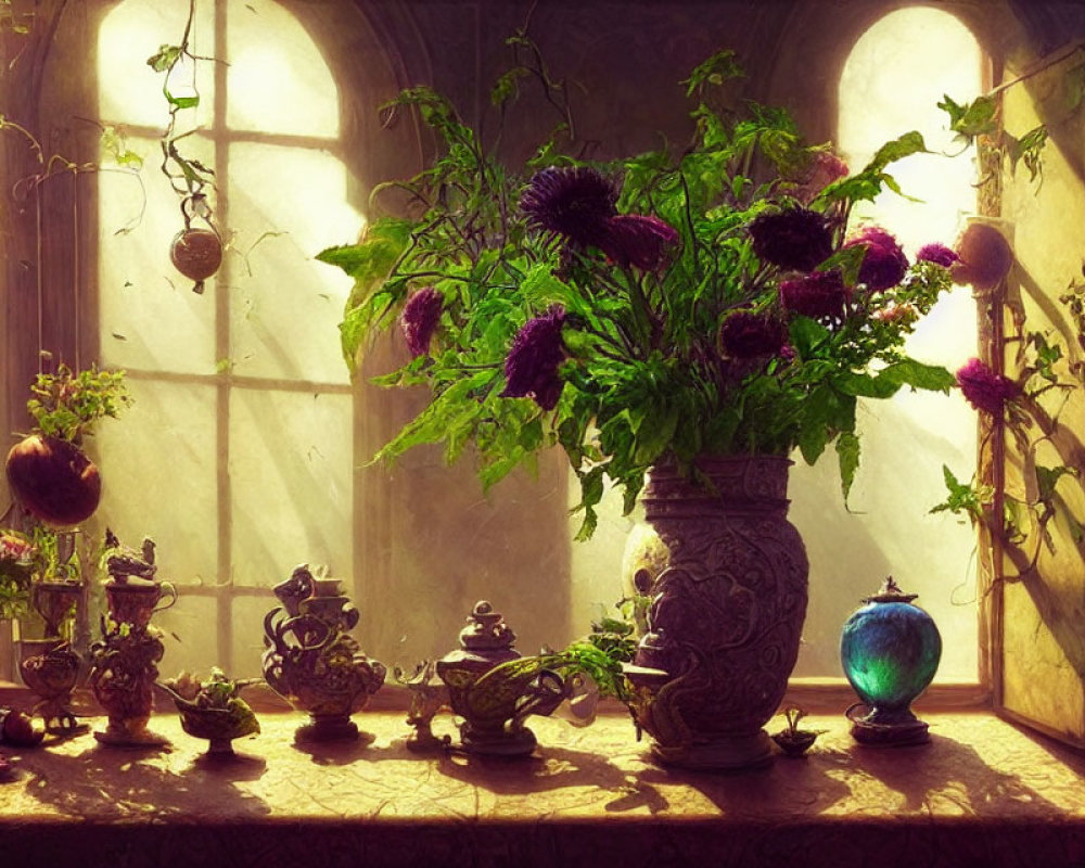 Purple Flowers Bouquet in Decorative Vase with Teapots on Windowsill