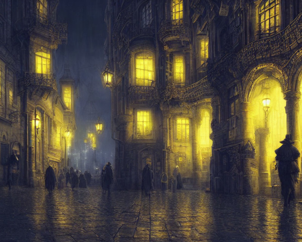 Dimly Lit Cobblestone Street at Night with People in Period Clothing