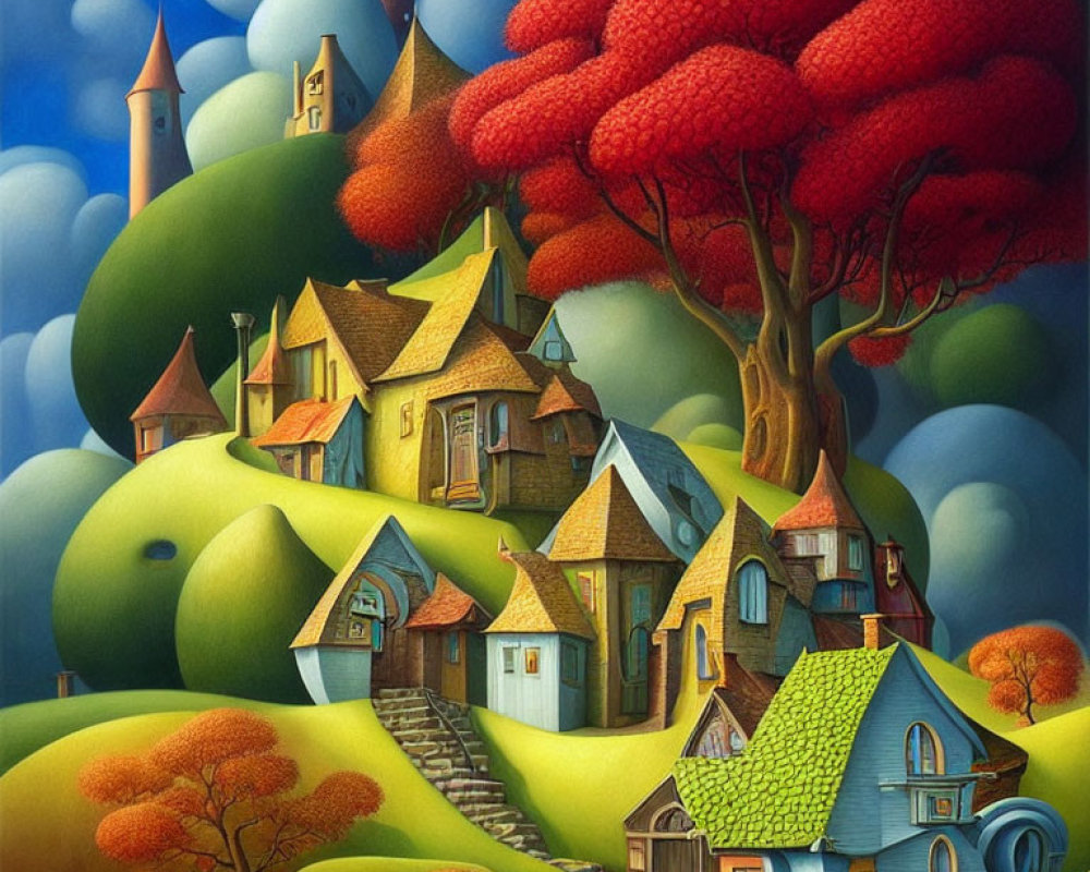 Colorful Whimsical Landscape with Houses, Trees, and Sky