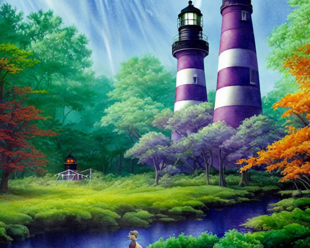 Vibrant autumn foliage with two lighthouses, wooden bridge, and duck