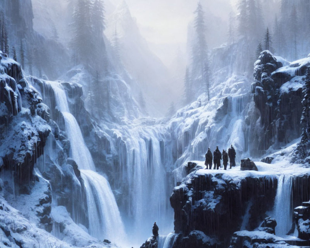 Snowy waterfall cascading in frosty landscape with silhouetted figures.