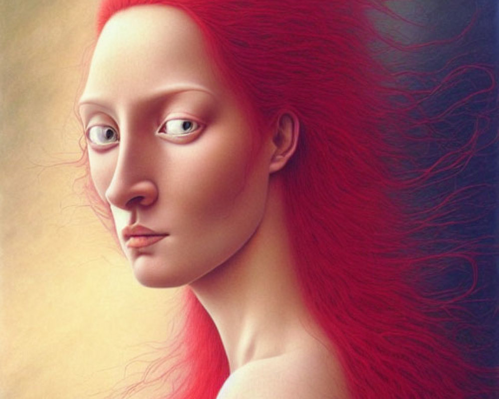 Vibrant red-haired woman with large eyes and snake in surreal portrait