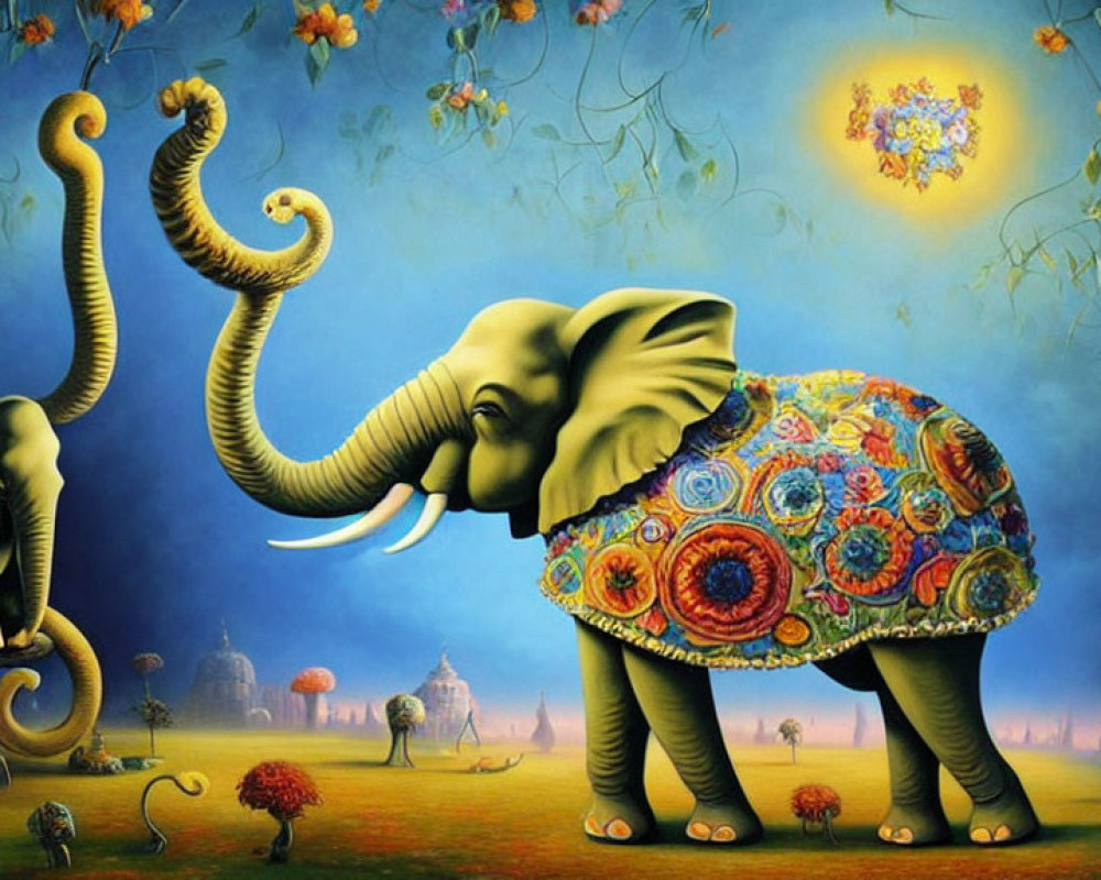 Colorful Elephant Artwork in Dreamy Landscape with Whimsical Elements