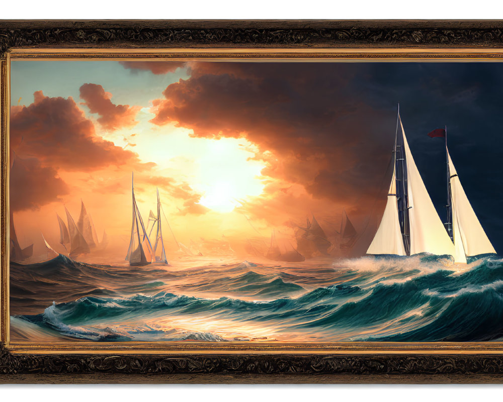 Ornate framed painting of sailboats on tumultuous seas at sunset