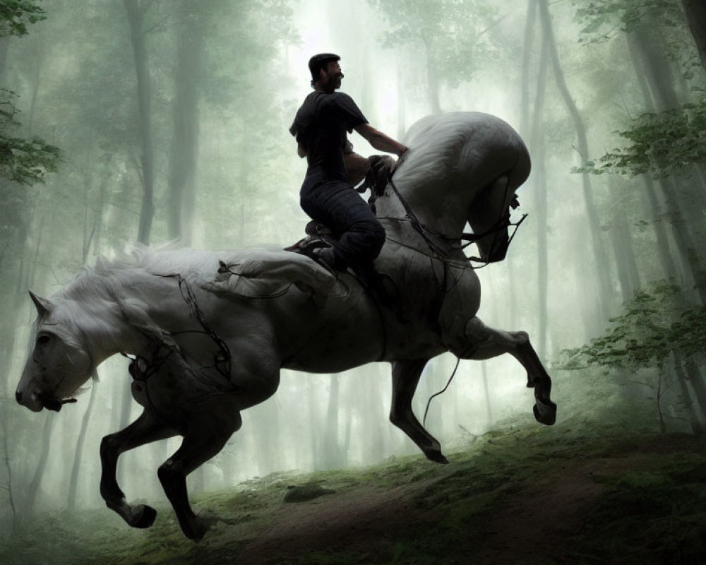 White Horse Rider Galloping in Misty Forest